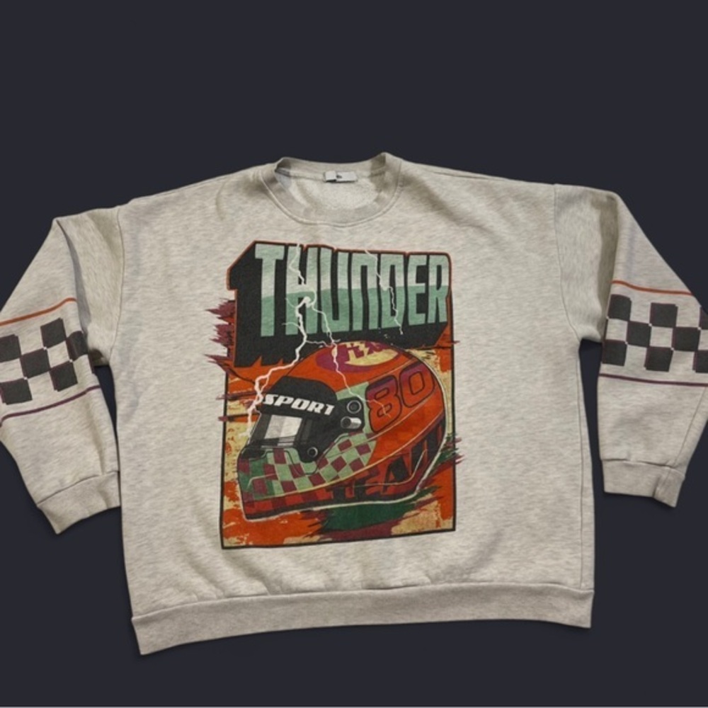 Adika Sweatshirt Womens Gray Crew Neck Retro Racing 'Thunder Sport 80 Helmet'